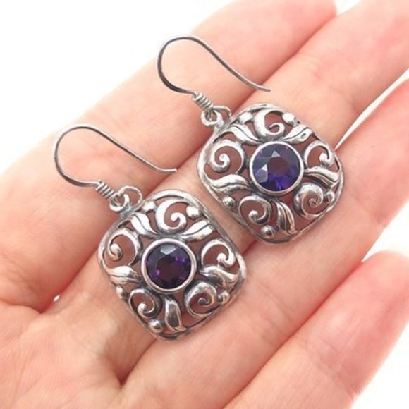 925 Sterling Silver Vintage Real Amethyst Floral Oxidized Dangle Earrings - Picture 1 of 7